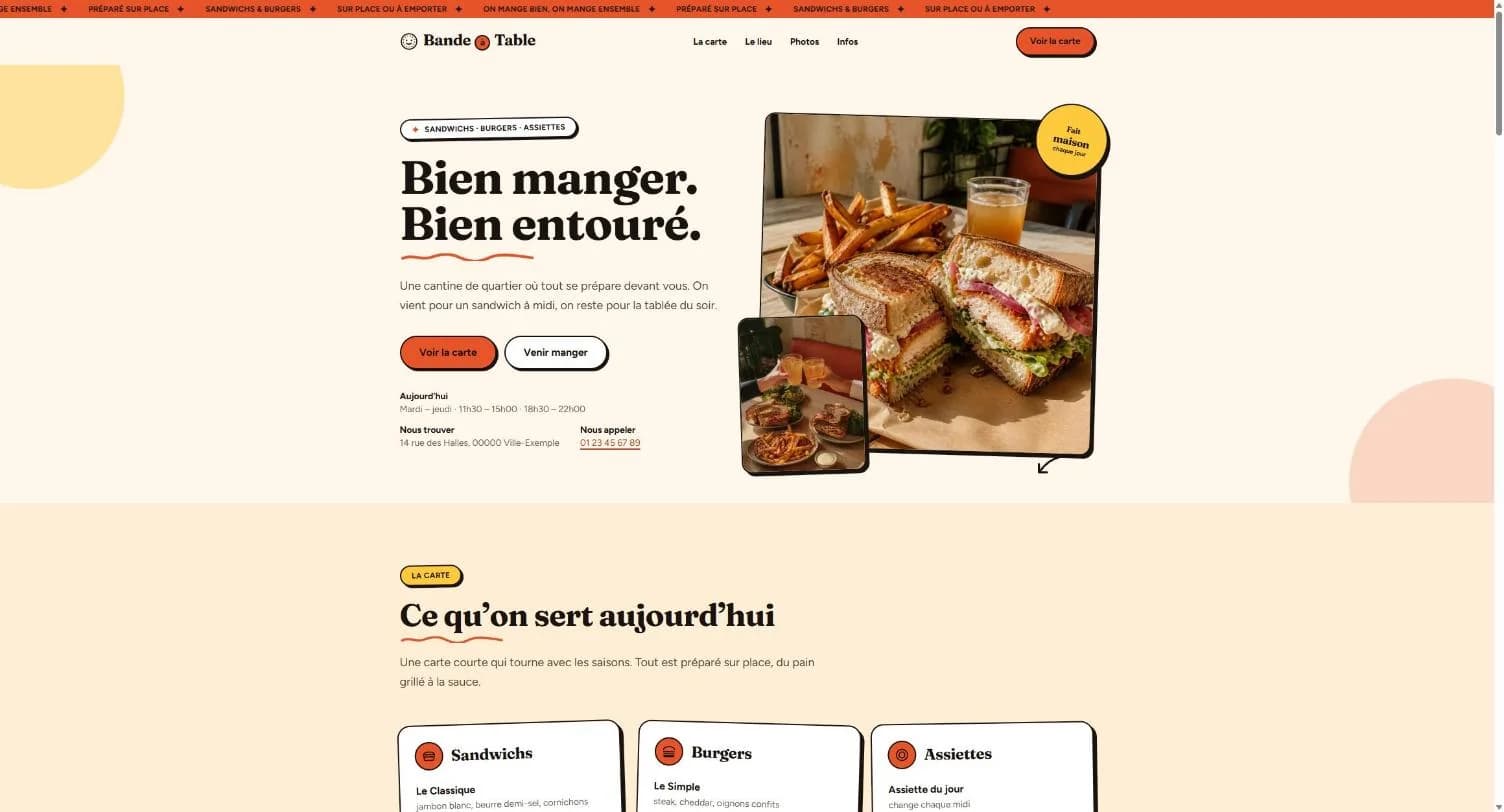 Aperçu de la démo Bande à Table (restaurant convivial et street food)