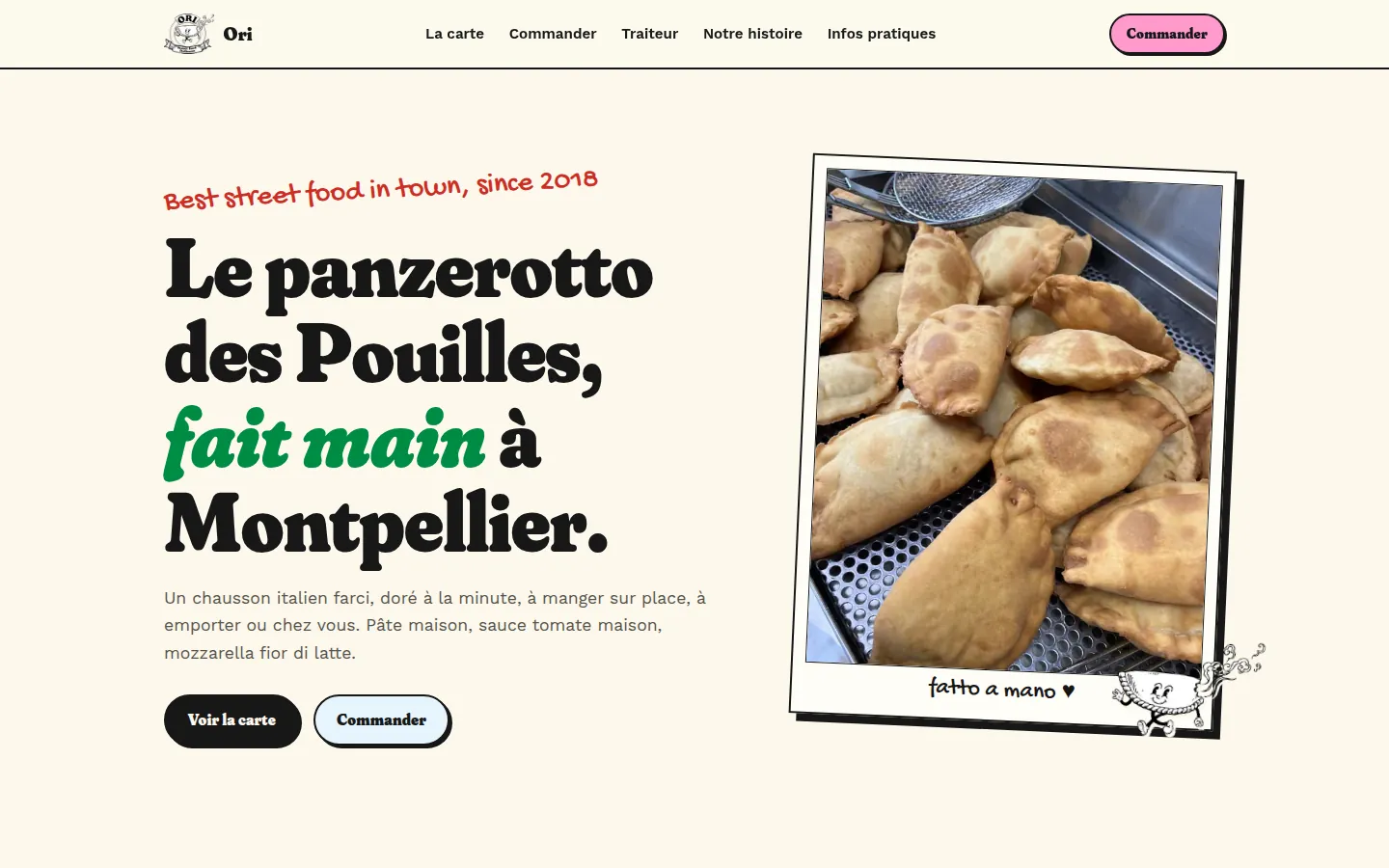 Accueil du site d’Ori Panzerotti sur ordinateur : menu La carte, Commander, Traiteur, Notre histoire, Infos pratiques, titre « Le panzerotto des Pouilles, fait main à Montpellier » et photo de panzerotti.
