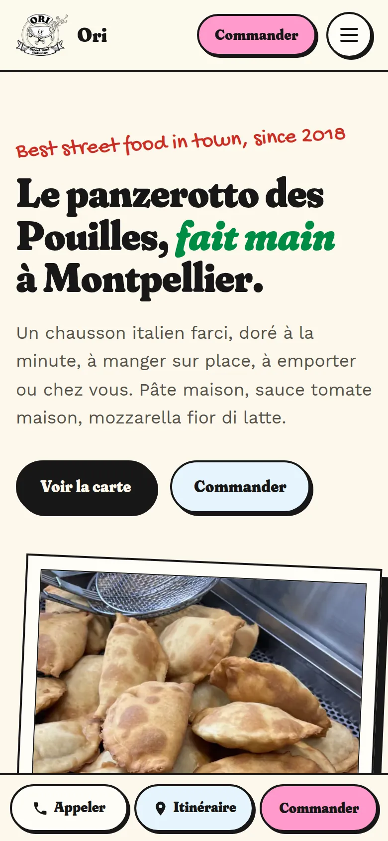 Accueil du site d’Ori Panzerotti sur téléphone, avec la barre fixe Appeler, Itinéraire et Commander en bas de l’écran.