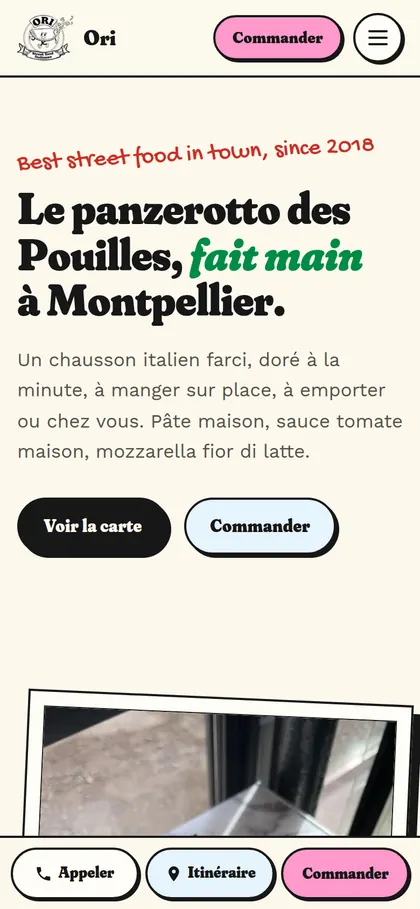 Le même site sur téléphone, avec la barre Appeler, Itinéraire et Commander en bas de l’écran. Ori Panzerotti, Montpellier.
