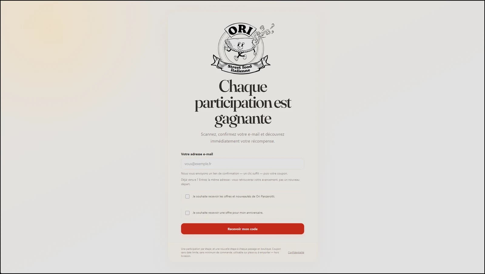 Ori loyalty customer entry screen with an empty email field and optional consent choices