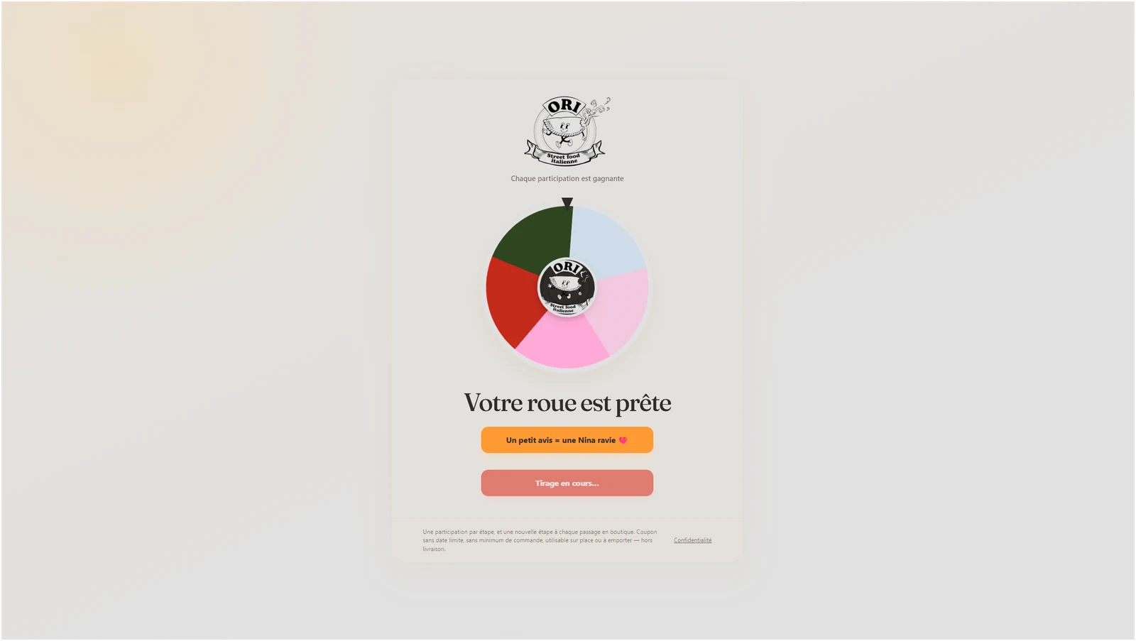 Ori loyalty reward wheel, captured during a draw, without customer details or coupon codes